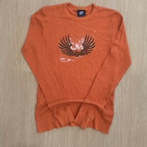 Kirra Men Orange Y2K Thermal Long Sleeve Shirt Skull Wings Graphic Made in USA S